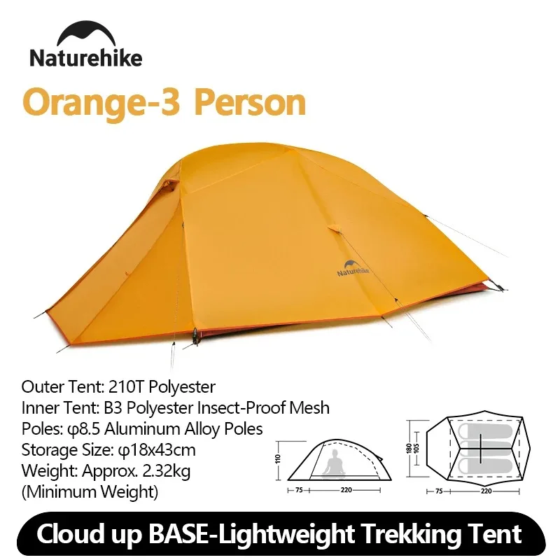 Carpa Naturehike Cloud Up BASE 1 2 3, Carpa Ultraligera 210T para Camping, Doble Capa, Impermeable, para Excursionismo, con Colchoneta