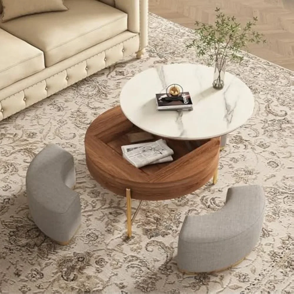 Conjunto de mesa de centro, mesas redondas de mármore com otomanos de armazenamento e aninhamento, conjunto de mesa de centro com tampo elevatório