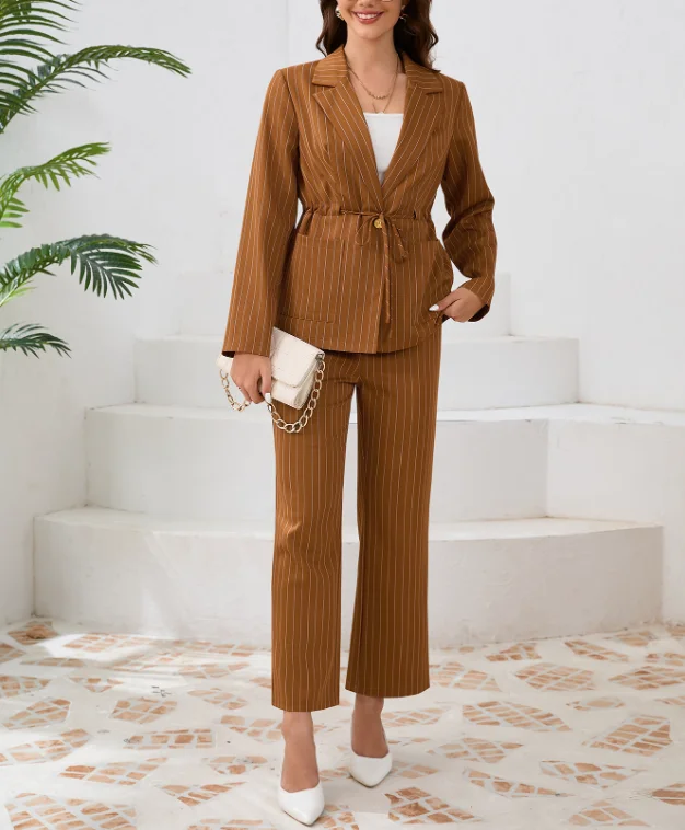 Elegant Two Piece Set for Woman Casual Striped Lapel Slim Fit Drawstring Suit Jacket Straight Leg Pants Women's Long Pants Set