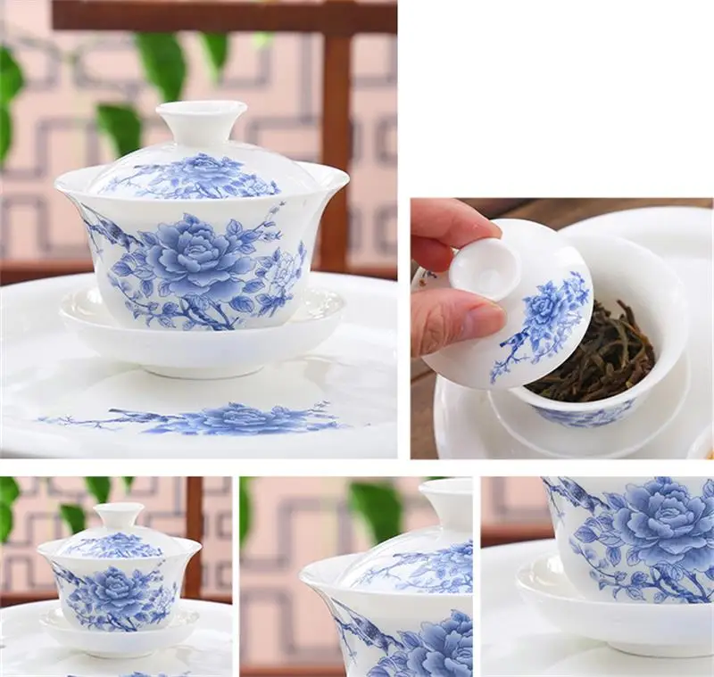 8pcs Set, Bone China Gongfu Tea Pot and Cup Ceramic Traditional Chinese Sett, Porcelain Gaiwan Ceremony Set