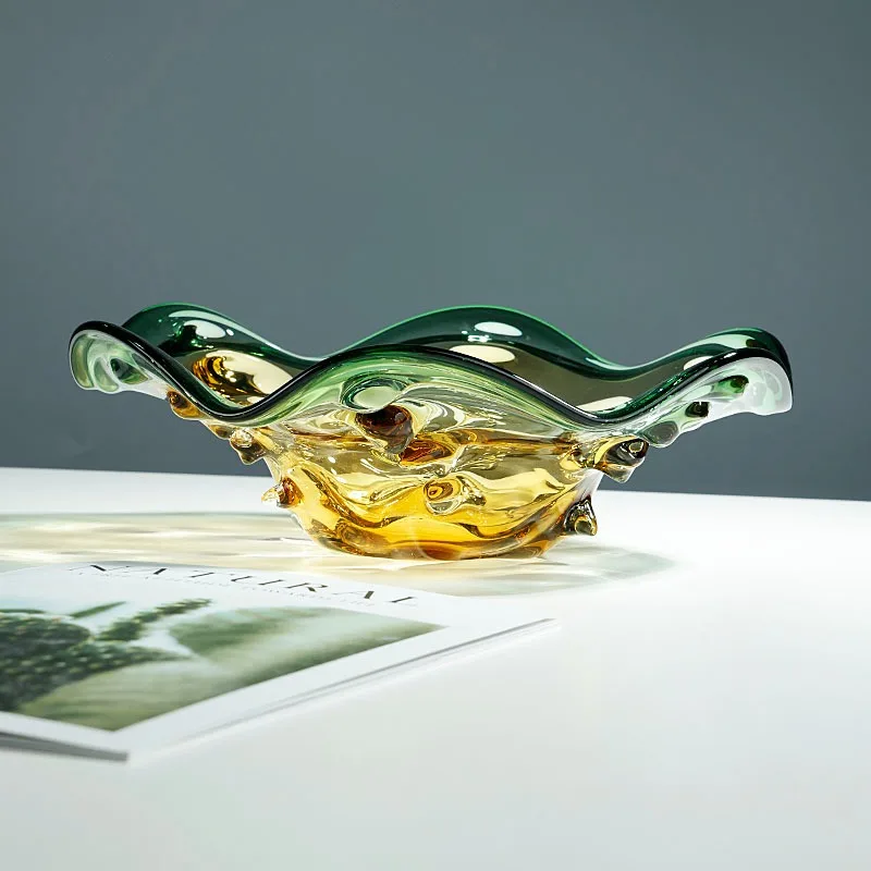 Creative Wavy Irregular Glass Fruit Bowl, Light Luxury Gradient Colored Glaze Plate, Large Storage Bowl for Living Room Hotel