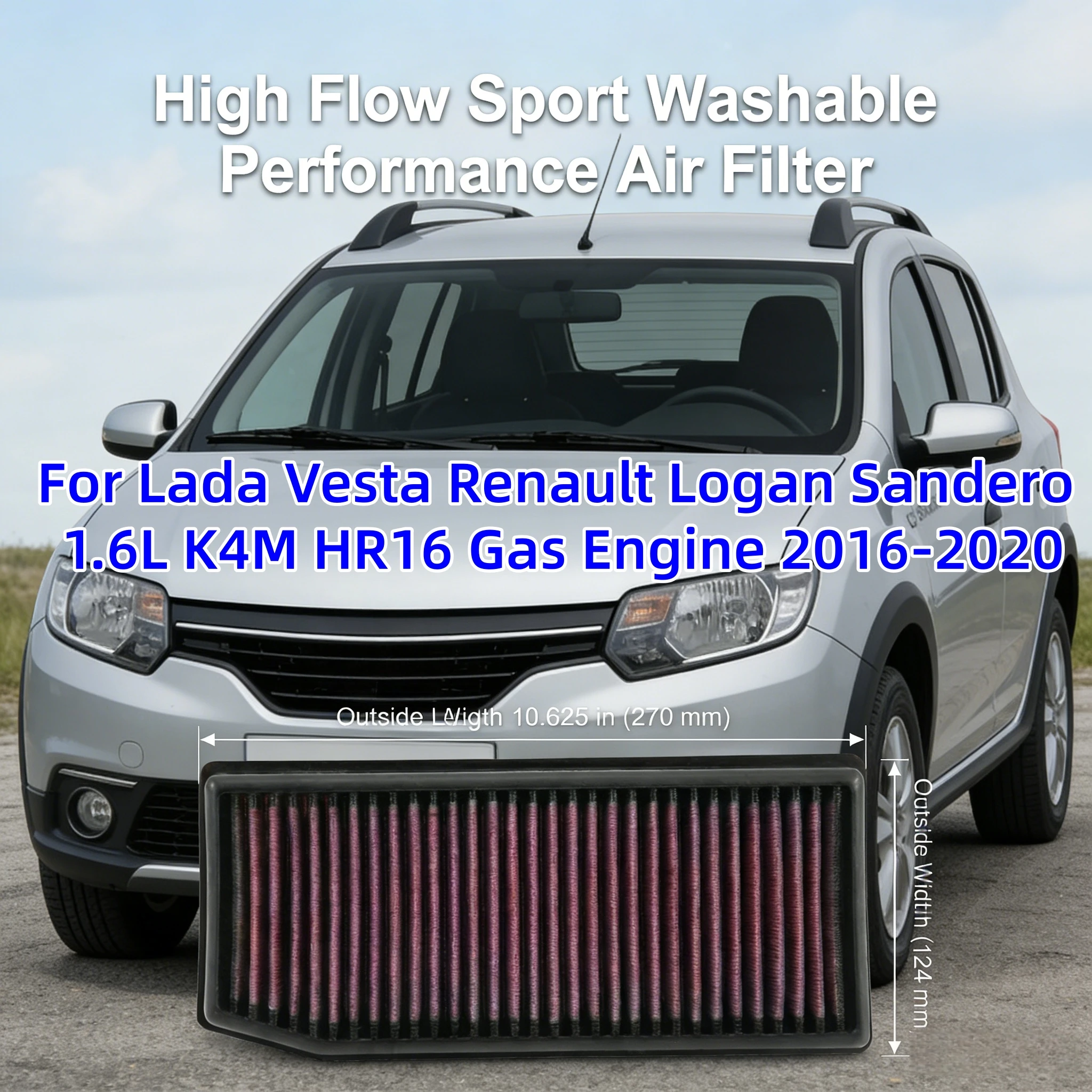 

For Lada Vesta Renault Logan Sandero 1.6L K4M HR16 Gas Engine 2016-2020 High Flow Sport Washable Performance Air Filter 33-3007