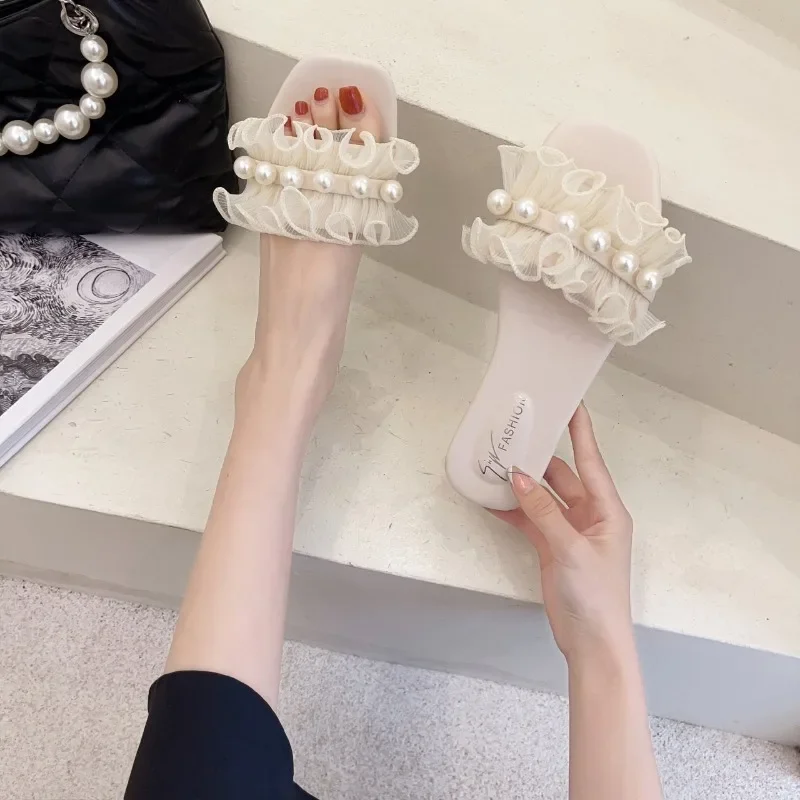 Faux Pearl Ruffle Decor Single Band Design Slides Sandals Women Flat Sandals 2024 Summer New Casual Women Slippers Shoes