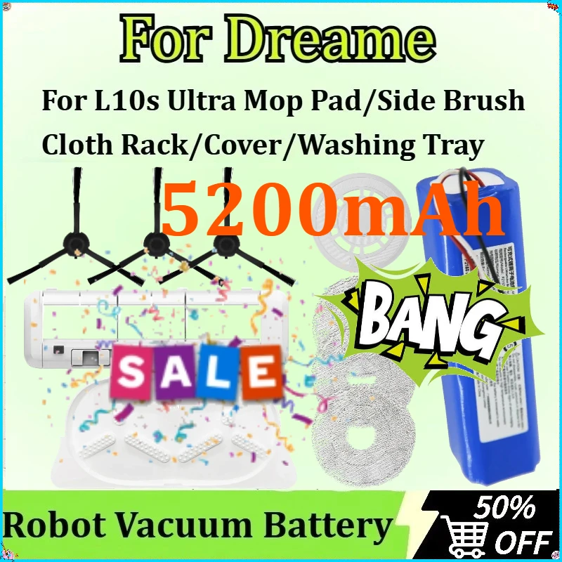 

With Mop Pad/Side Brush/Cloth Rack/Cover/Washing Tray Accessories Replacement for Dreame L10s Ultra Robot Vacuum Battery 5200mAh