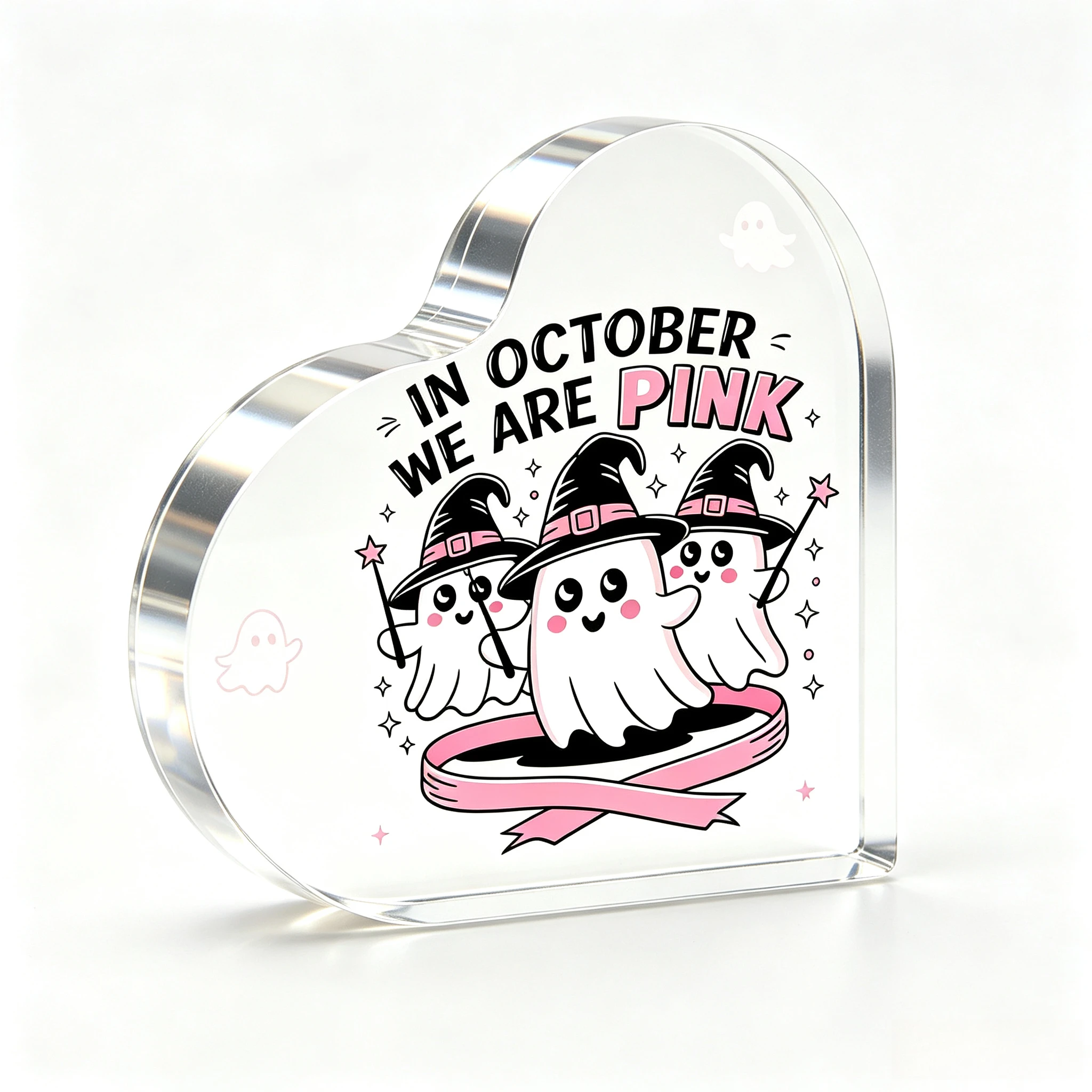 In October We Are Pink Ghost Heart‑Shaped Acrylic Plaque, Breast Cancer Awareness Decor