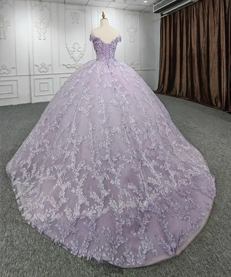 Lilac Lavender Princess Quinceanera Dresses Off Shoulder 3D Applique Floral Beaded Lace-up Corset Prom Meninas de 15 anos porno