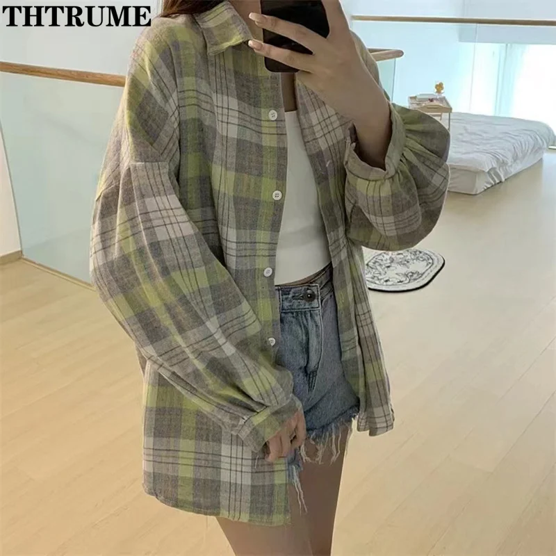 Elegant Plaid Loose Straight Shirts Fashion Women Korean Harajuku Autumn Long Sleeve Lapel Shirt Casual Communte Button New Tops