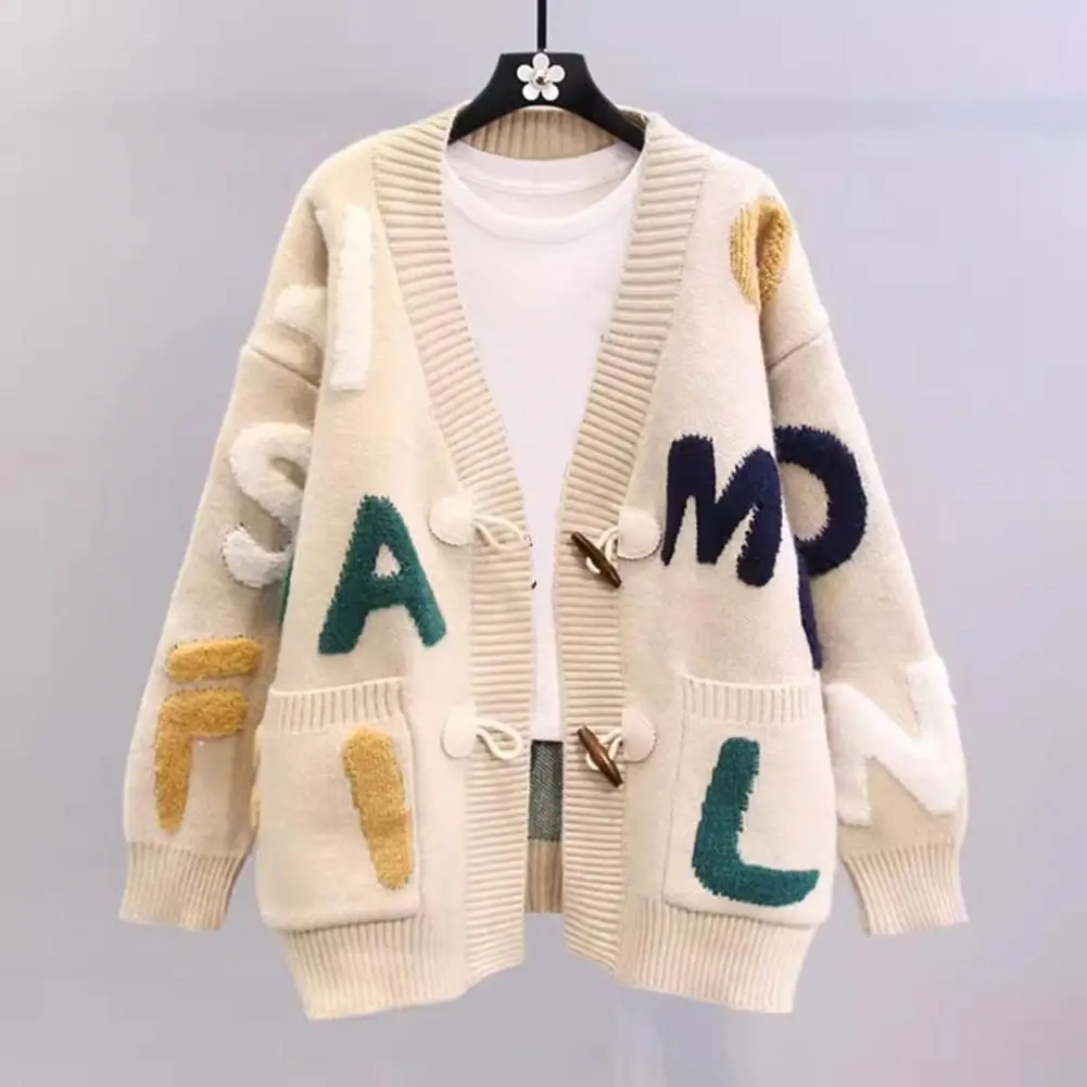 

Women Sweater Coat V-Neck Long Sleeve Letter Print Knitting Coat Single Breasted Pockets Loose Fit Knitting Cardigan