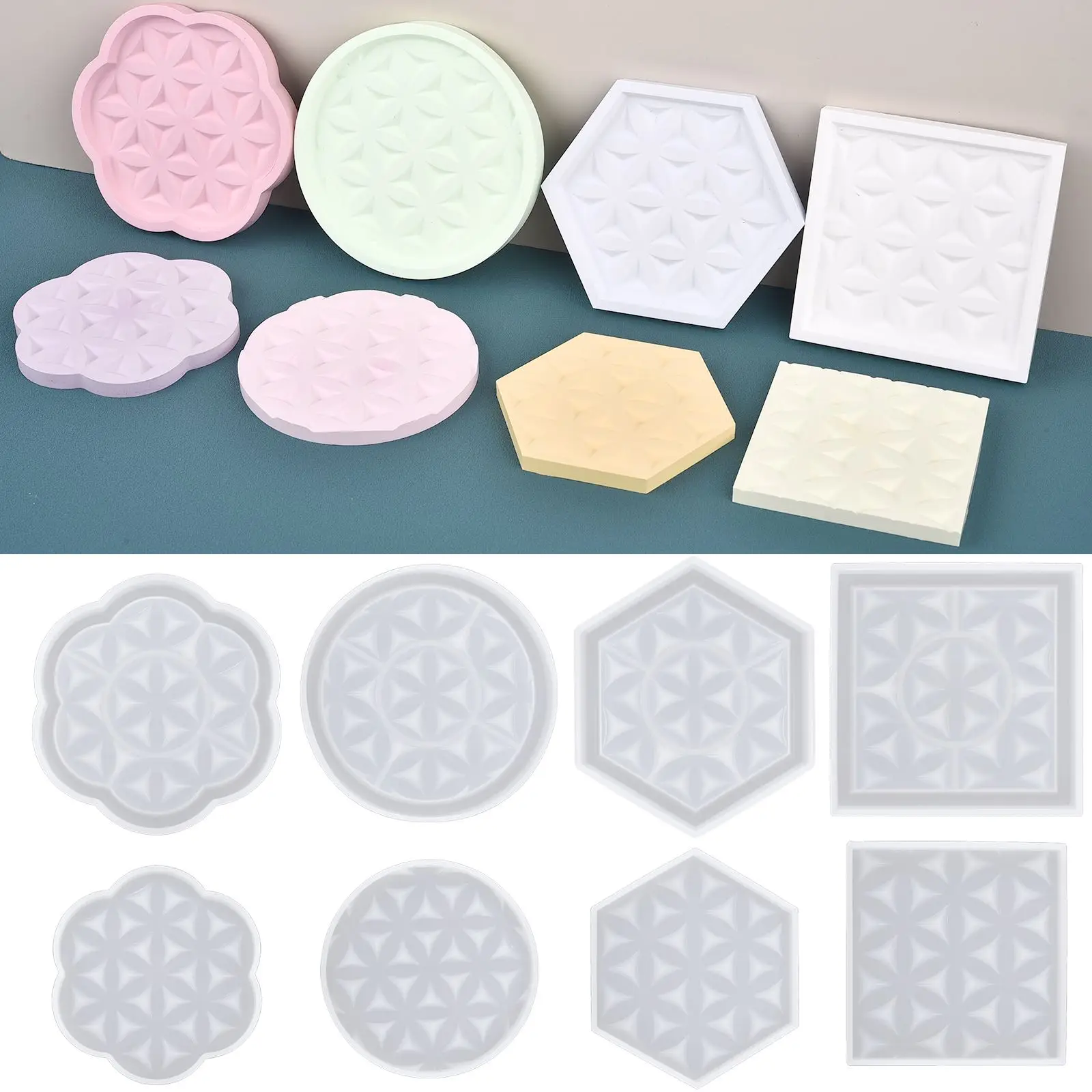 1PCS Polygon Texture Gypsum Cement Coaster Silicone Molds Round Square Cup Pad Tray Epoxy Resin Mould Home Table Decoration