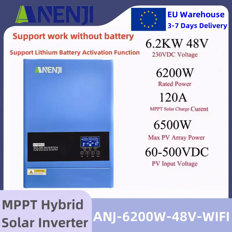 6.2KW Solar Hybrid Inverter 48V 230V Pure Sine Wave On/Off Grid Built-in 120A MPPT Solar Charge Controller Work without Battery