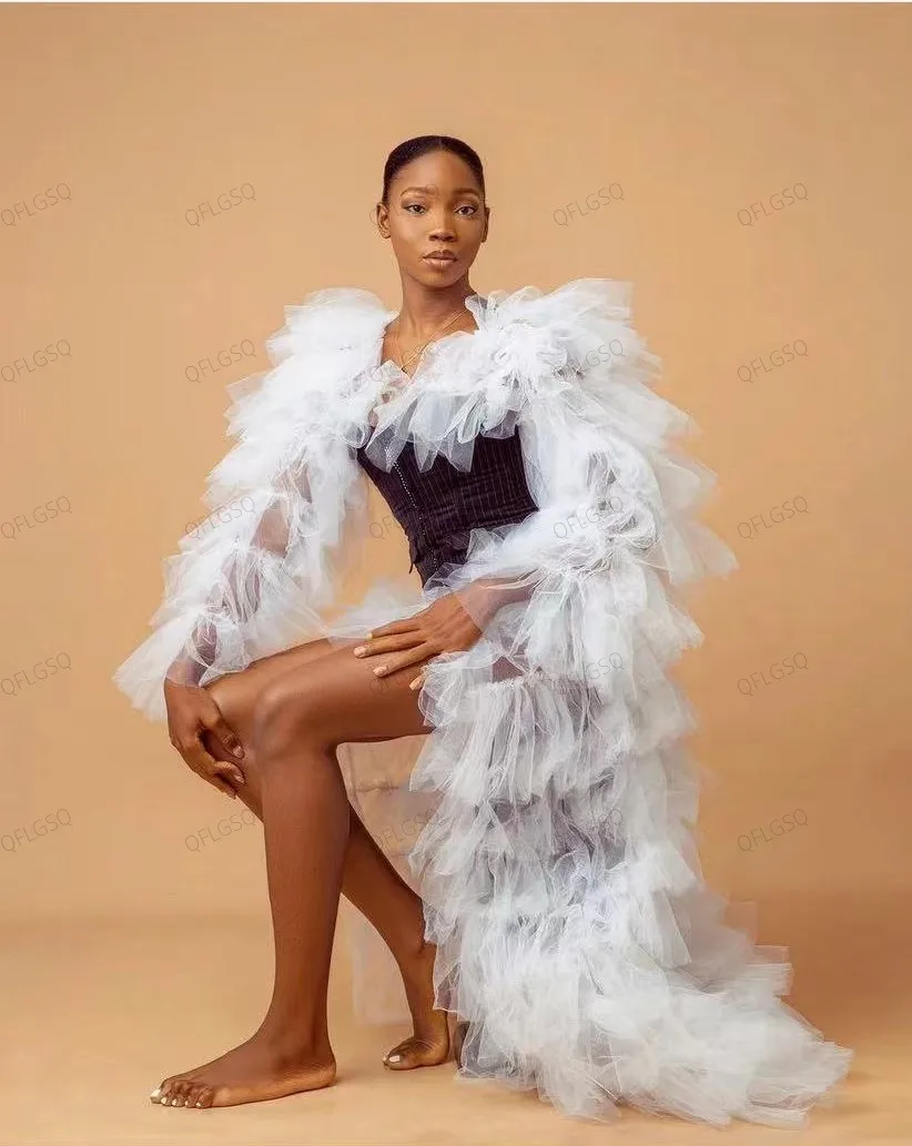 Vestido feminino em camadas brancas avançadas, vestido transparente de tule sem espartilho preto, vestido de festa exuberante com mangas