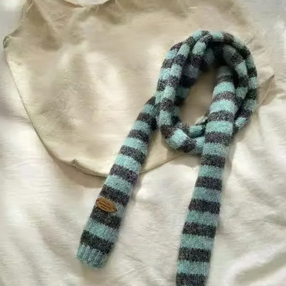 Black Grey Stripe Women Long Scarves Cotton Slim Decorative Neckerchief Warm Neck Knitted Thin Scarf Fashion Streetwear