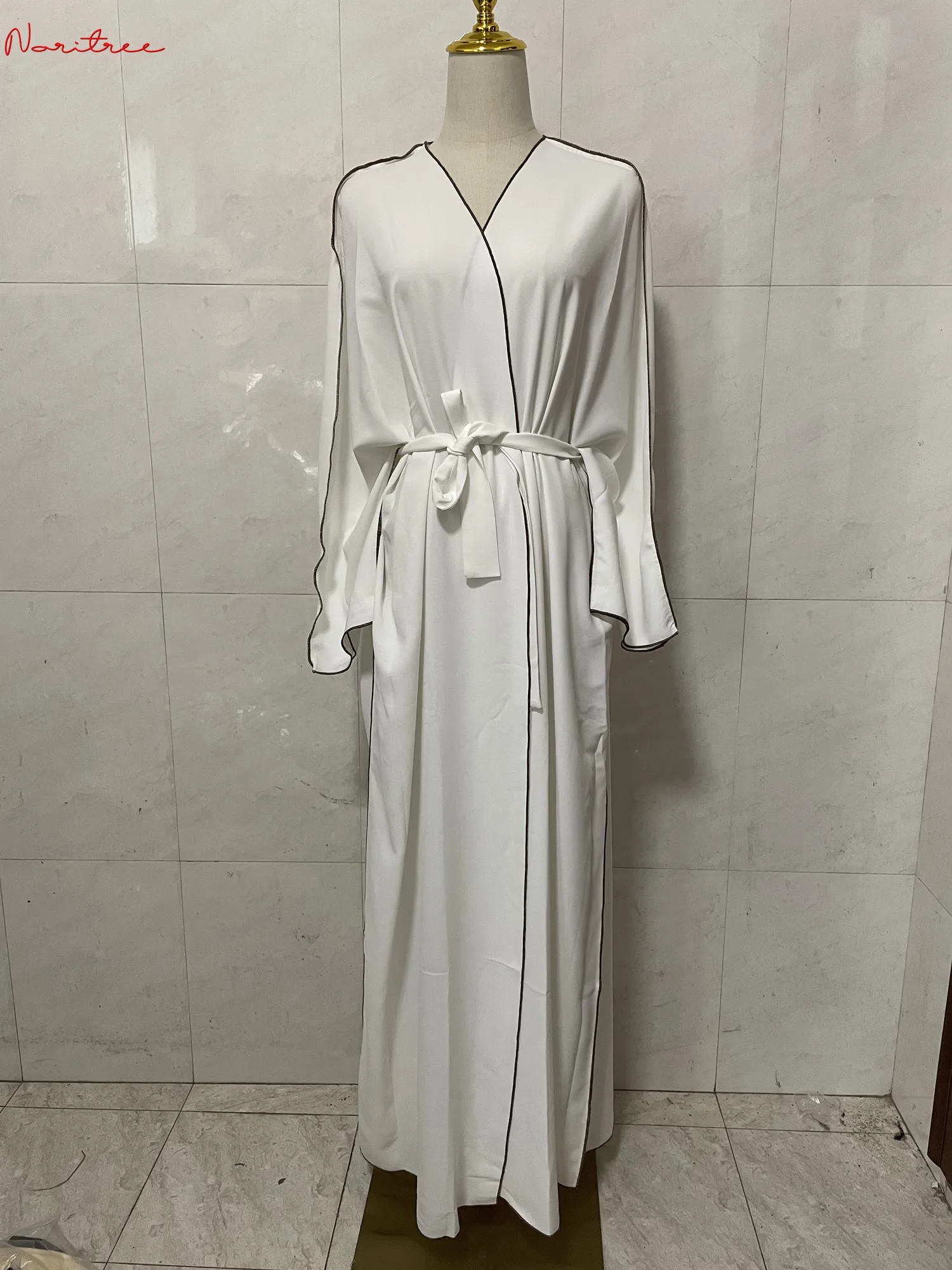 S-XL Fashion Line Oversized Abayas With Belt Djellaba Muslim Dress Dubai Full Length Abaya Dubai Turkey Muslim Islam Robe WY1518