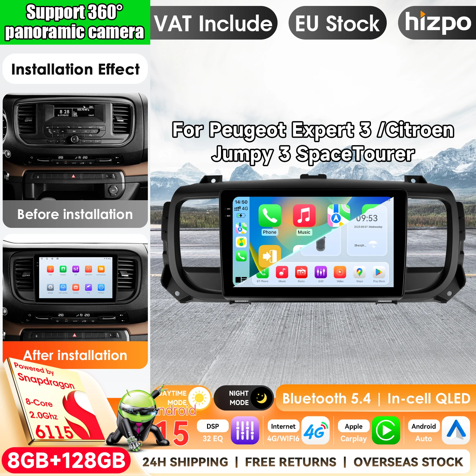 Autoradio Android 15 con Carplay per Citroen Jumpy III 3 SpaceTourer 1 e per Peugeot Expert 3 2016 2017 2018 - 2021, lettore multimediale con Apple CarPlay, sistemi intelligenti, autoradio 2 Din,