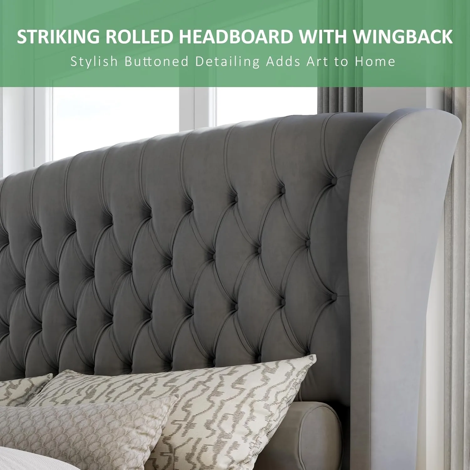 هيكل سرير بمنصة كبيرة، سرير مزلج مبطن بالمخمل مع لوح رأسي بحافة ملفوفة ومسند للقدمين/لا حاجة للنوابض/رمادي