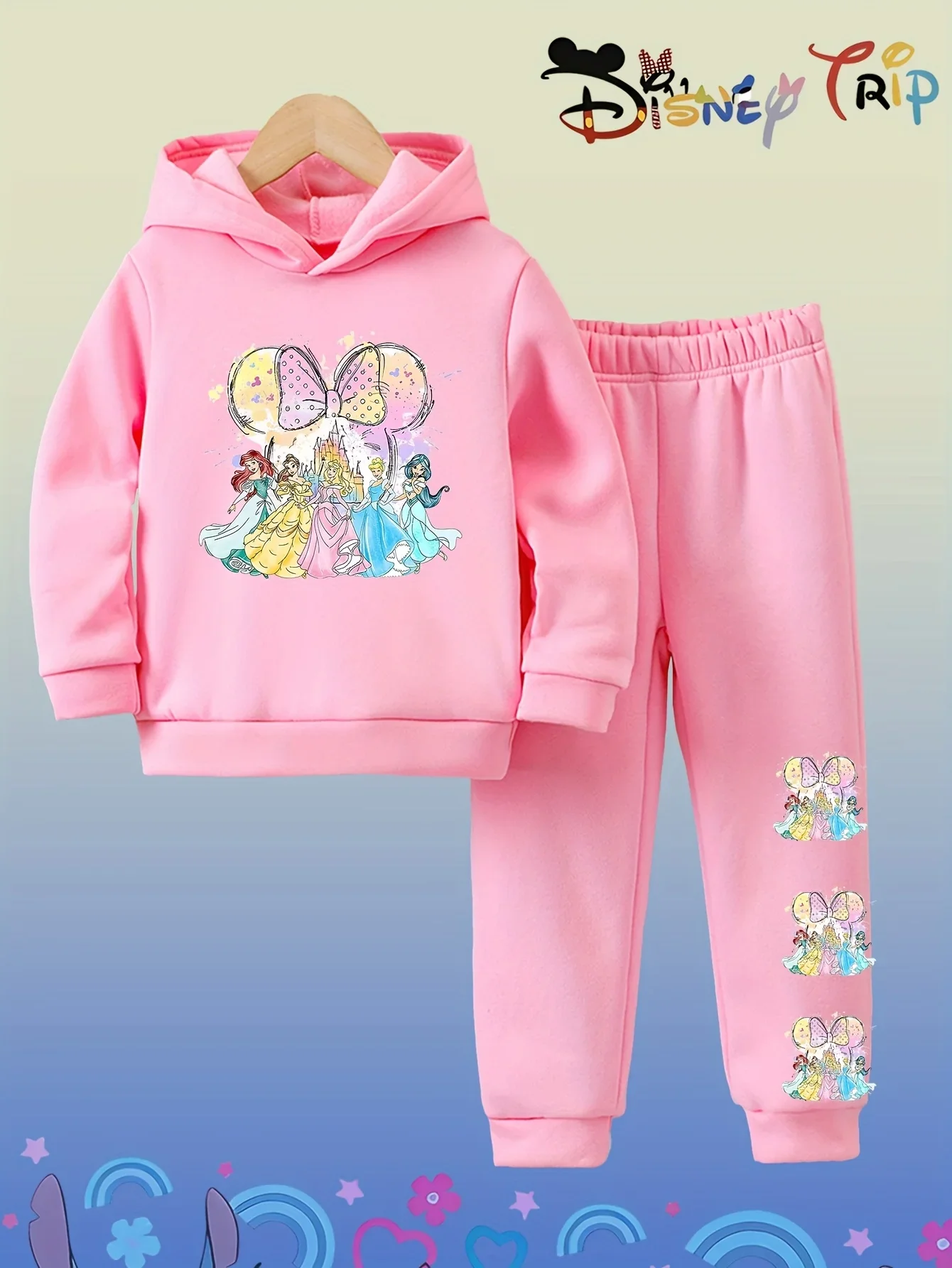 

Girls Hoodie and Pants 2-Piece Set with Jasmine Flowers and Disney Princess Prints Girls Autumn and Winter Casual Activewear