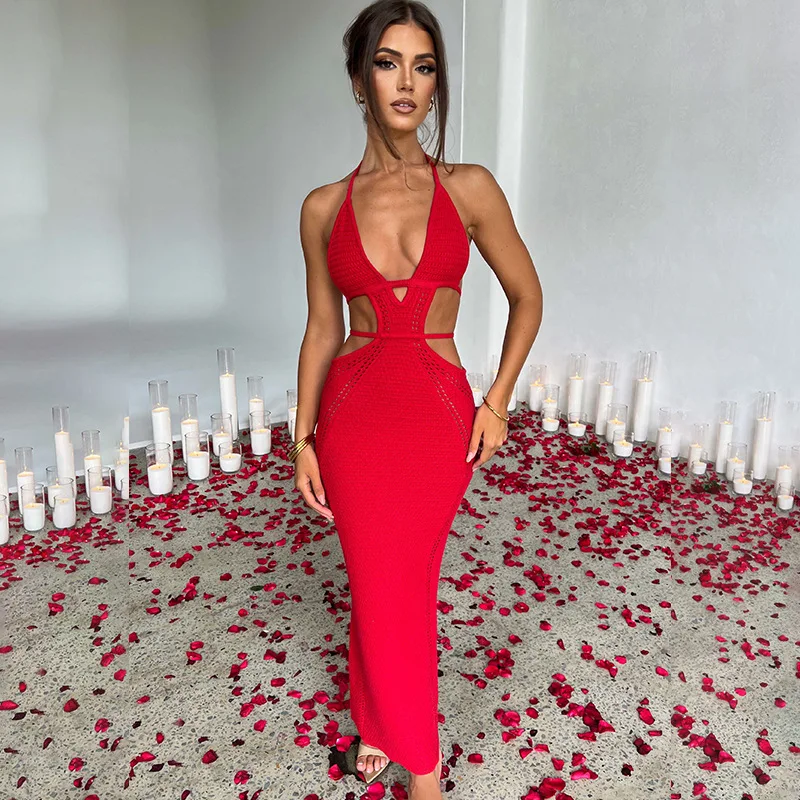 

Sexy Hot Girls Slim Knitted Halter Neck Long Dresses Women Solid Color Low Cut Backless Hollow Out Package Hip Dress Streetwear