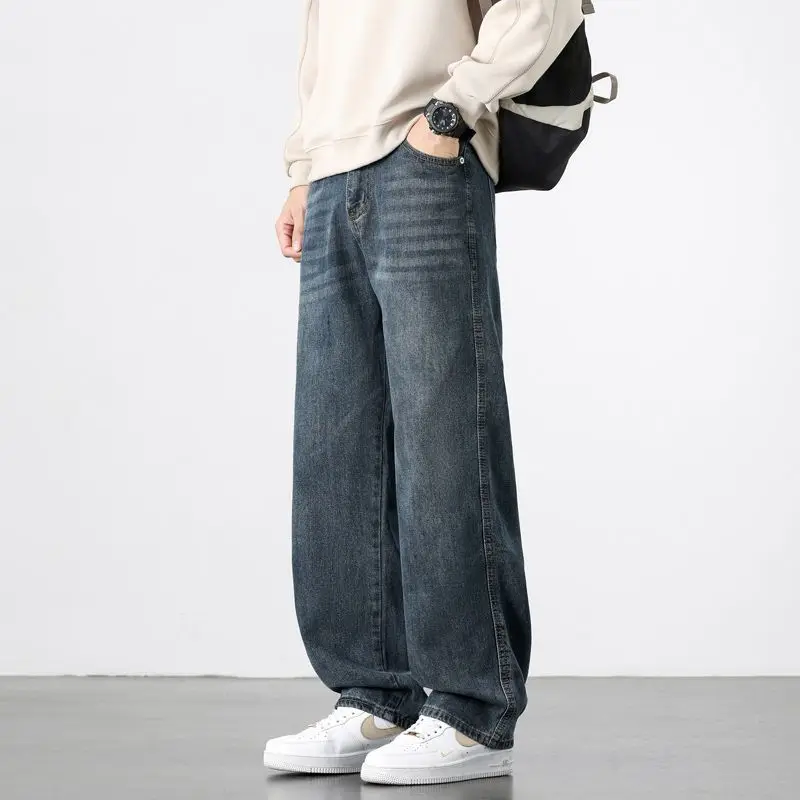 Celana Jeans Pria Lurus Longgar Musim Gugur Celana Denim Dicuci Antik Klasik Pakaian Jalanan Trendi Celana Panjang Lebar Korea Kasual