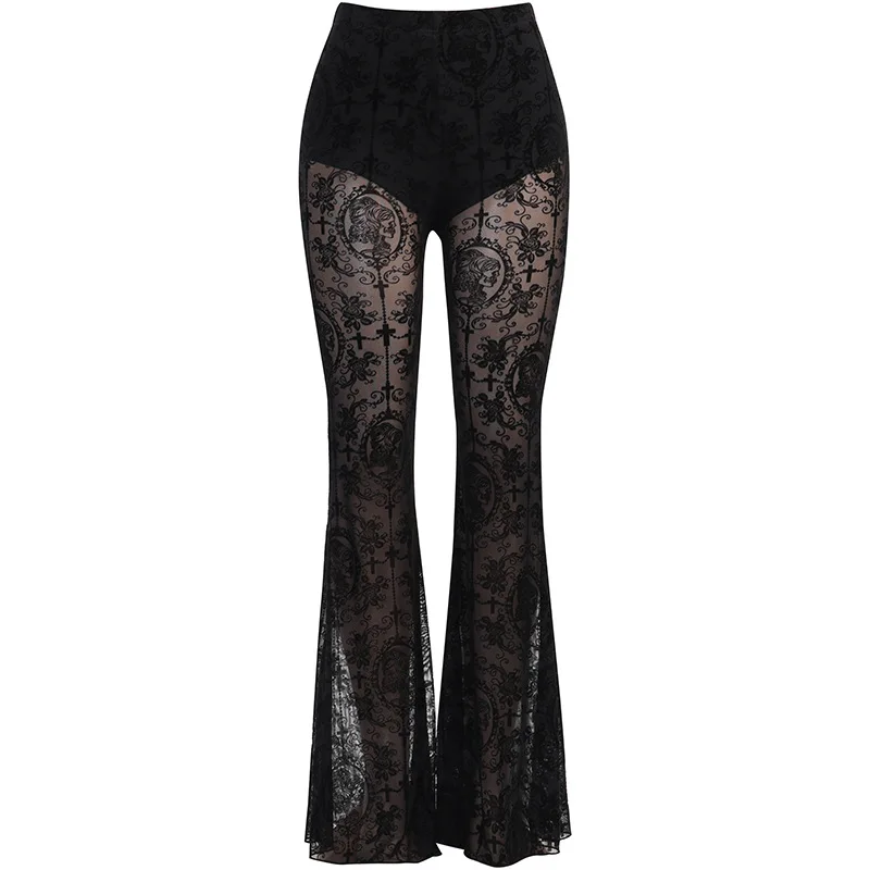 Goth Dark Vintage flocado centro comercial gótico Sexy pantalones acampanados Grunge ver a través de malla de cintura alta pantalones de mujer Punk Slim Alt ropa