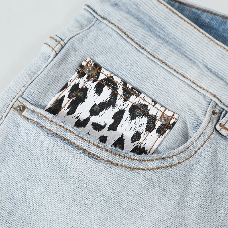 Fashionable new men's jeans washed nostalgic perforated light blue jeans high street designer hip-hop brand pants Y2K hombre