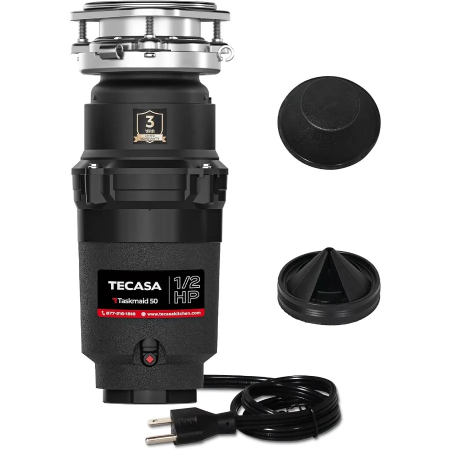 

1/2 HP Garbage Disposal TECASA Food Garbage Disposal with Power Cord Stainless Steel Grinding System and 3-Bolt Mounting Contin