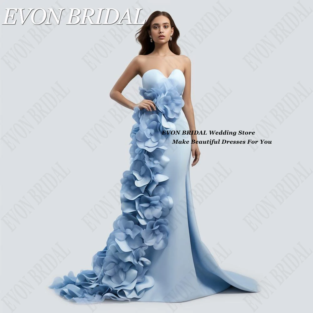 EVON-vestidos de novia de satén azul cielo para celebridades, vestidos de alfombra roja, flores, sirena, vestido Formal de fiesta de noche, tren de barrido, 2024