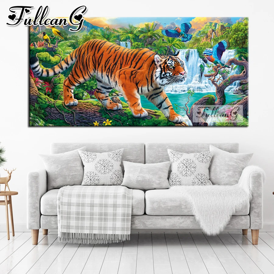 Mountain Tiger Falls large 5d diy diamond painting full square round drill mosaic embroidery wild animals home decor AA3607