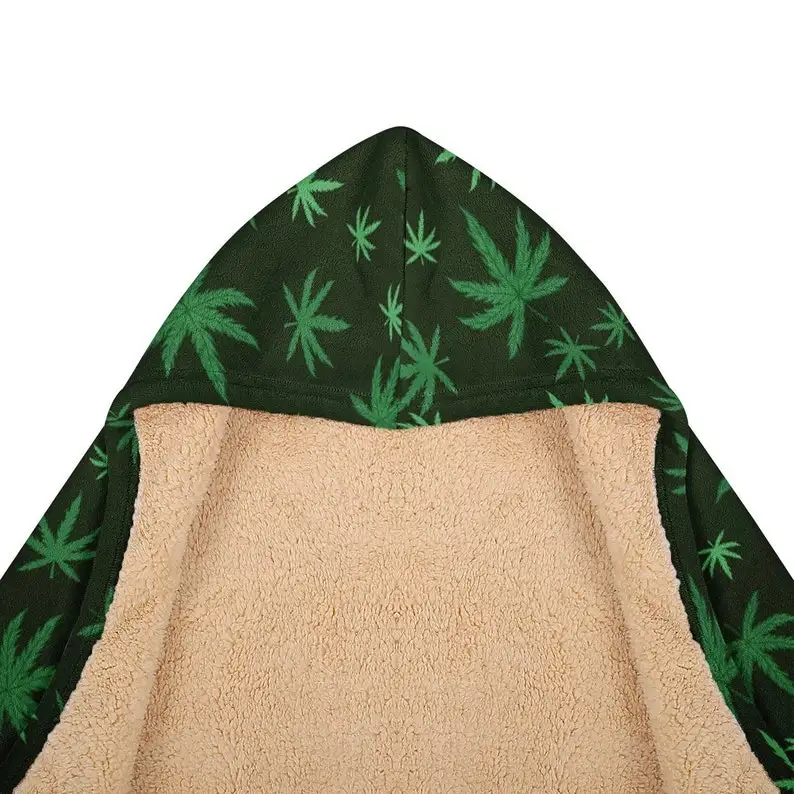 Kush Weed Hooded Blanket - Cannabis Leaf Blanket, Stoner Gift, Sherpa 420 Festival Blanket, Warm Cozy Hemp Blanket, Marijuana Ma