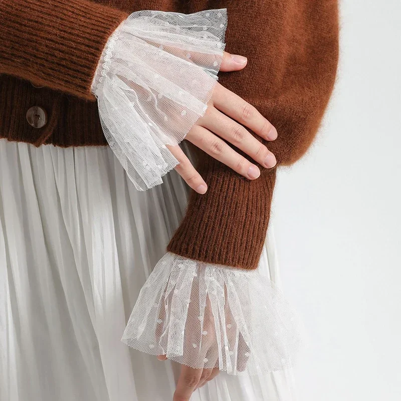 Vintage Shirt Detachable Flare Sleeve Cuff for Women Polka Dots Lace Mesh Fake Cuffs Sweater Decorative Girls False Sleeves
