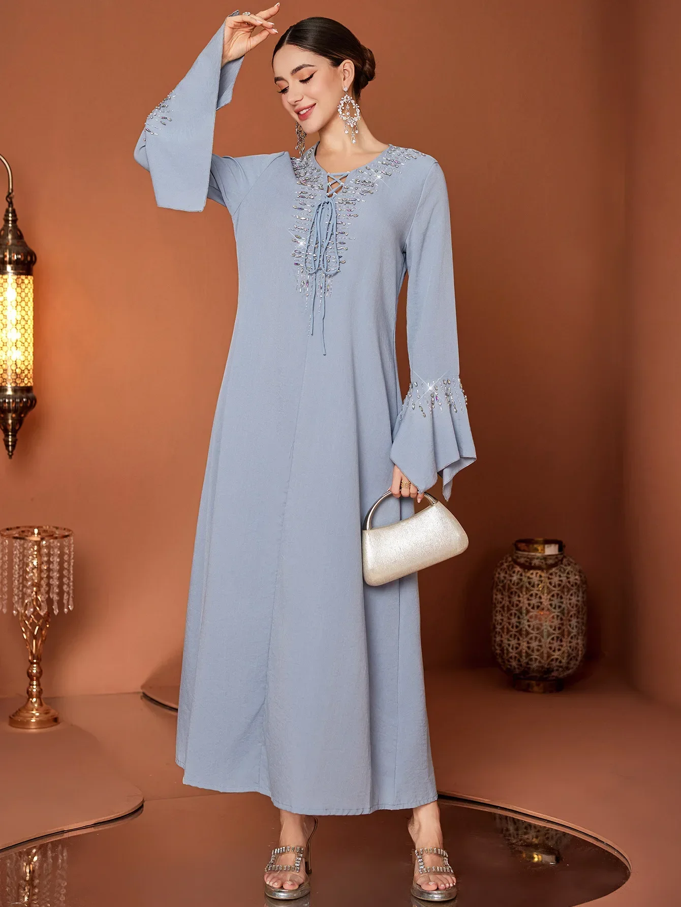 

Платье Ид, женское платье Абая, ручная работа, длинные платья с расклешенными рукавами и бриллиантами, Vestidos Largos, вечерние кафтан Джалабия, Рамадан, Дубай, арабский