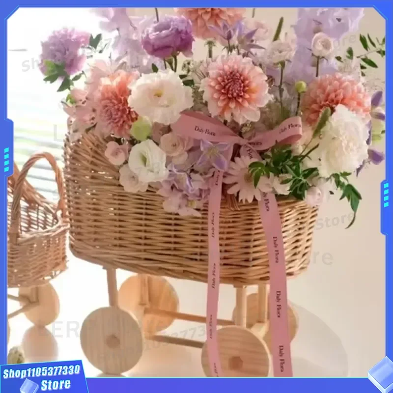 Natural Wicker Baby Stroller Storage Basket Cute Flower Arrangement Container Kids Toy Organizer Photography Prop Decor