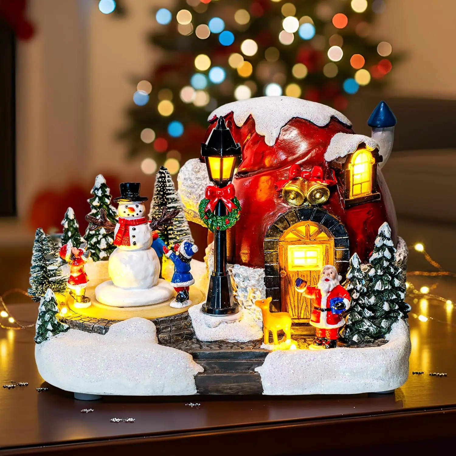 Pueblo navideño alimentado por USB con figuras animadas, luces LED y música para decoración del hogar festivo