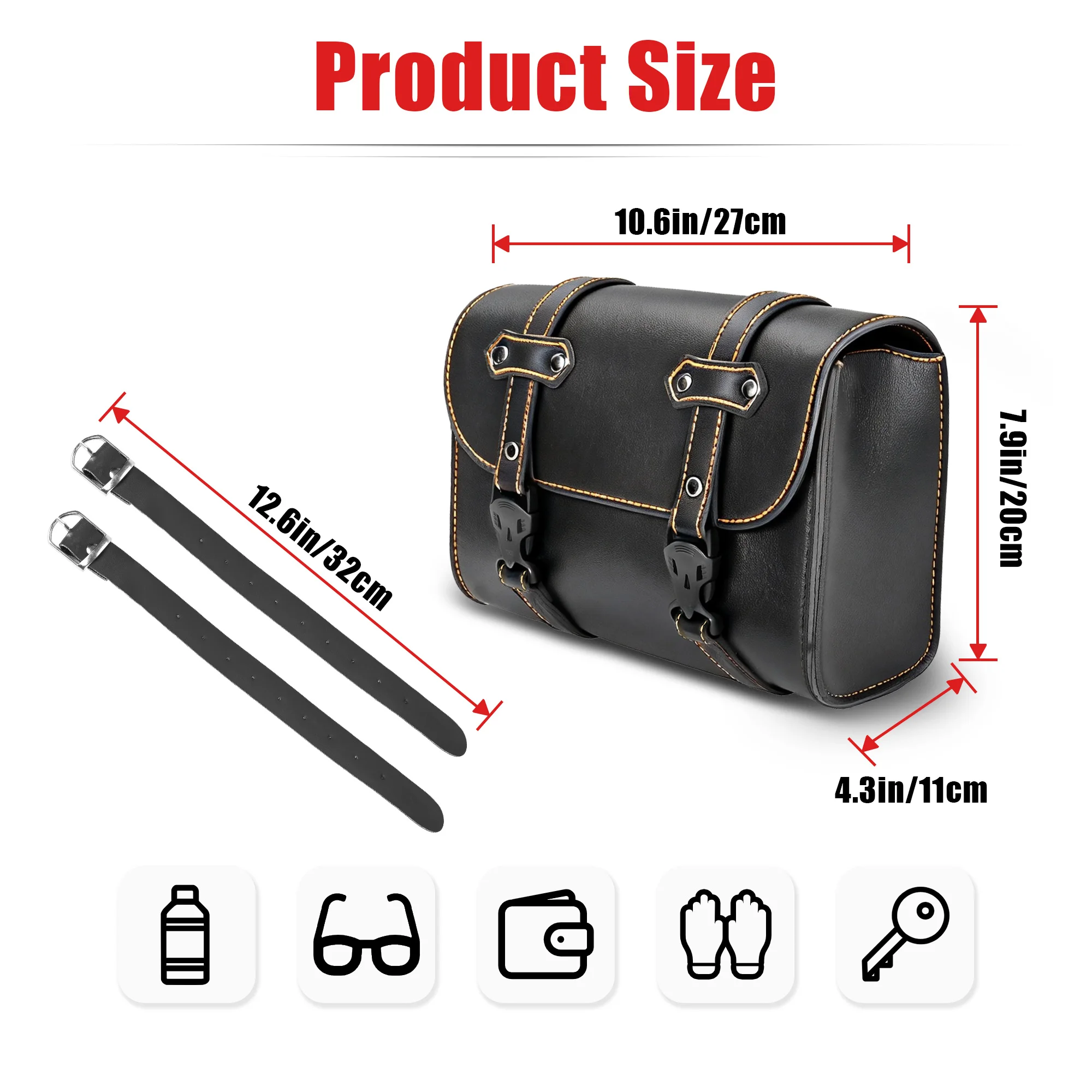 Motorcycle Fork Bag Handlebar Tool Pouch Sissy Bar Roll Bags 2 Extra Strength Straps PU Leather Organizers (Black-yellow Line
