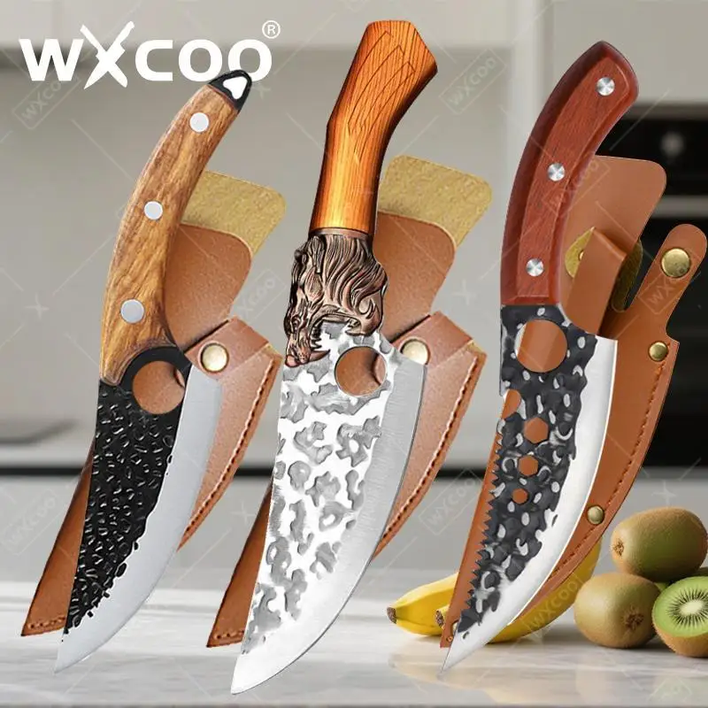 WXCOO Ultrascharfes japanisches Kochmesser aus gehämmertem Edelstahl, Fleischbeil, Spaltung, Ausbeinen, Fischfiletieren