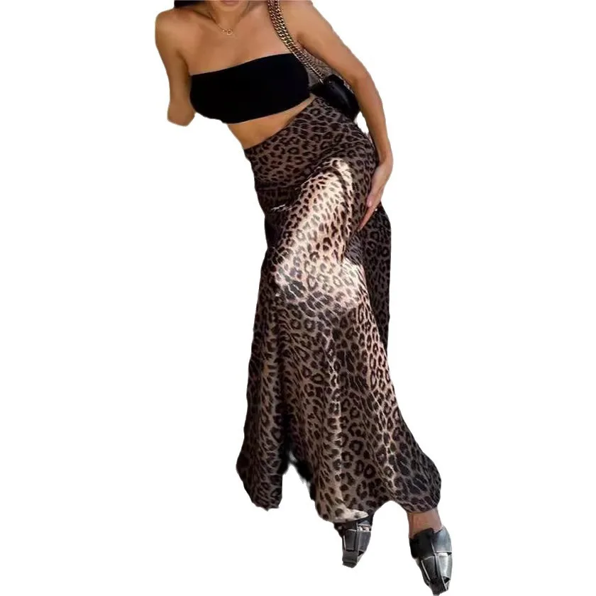 ليوبارد طباعة مثير الورك ملفوفة ذيل السمكة تنورة تنظيف الأرضيات تنورة الأوروبية والأمريكية ربيع جديد الملابس النسائية ثنى اللباس