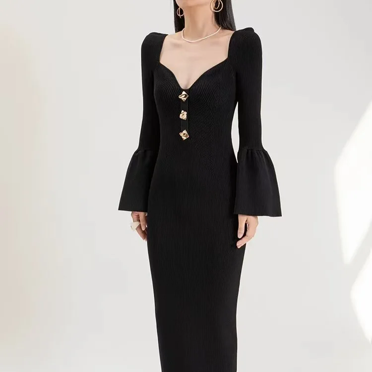 

Sexy Bal Knitted Dr Women's Square Collar Bell Sve Slimming Gown Fall Winter Faion Low Waist One Step Skirt
