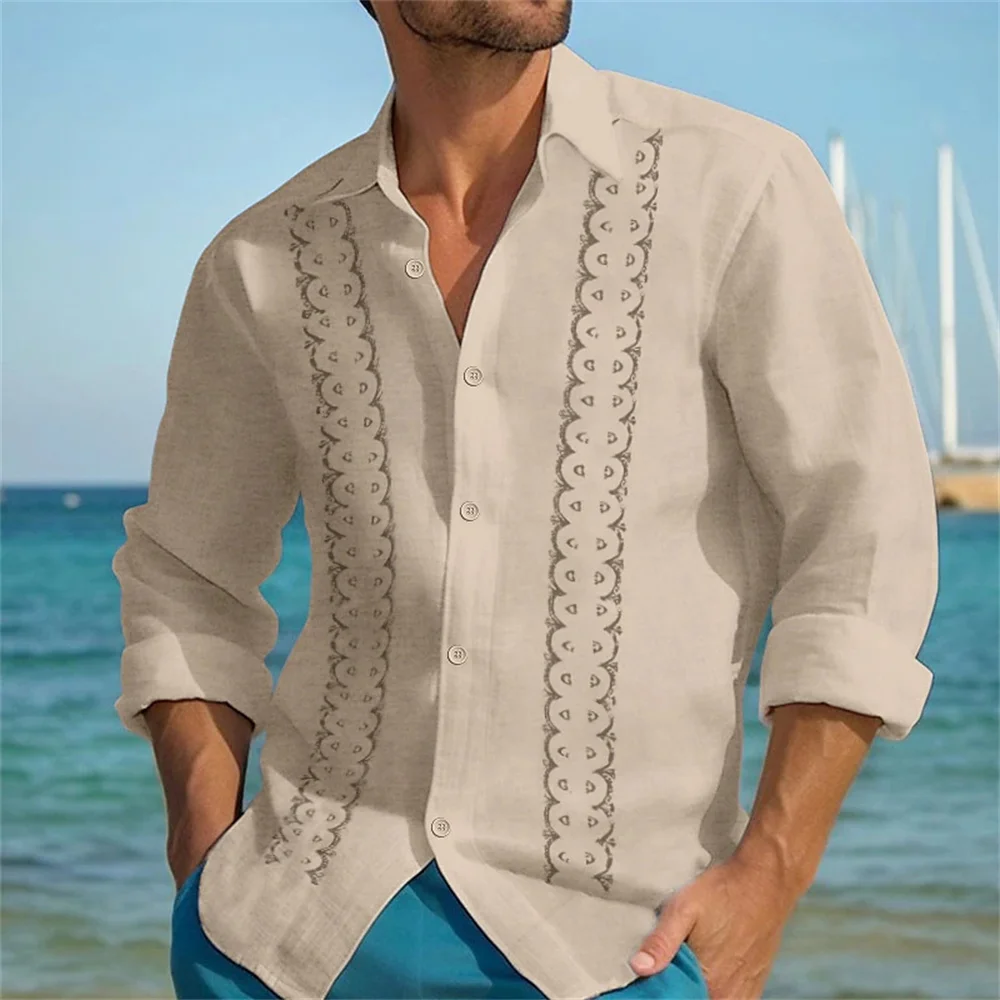 New Hawaiian shirt for men with solid color lines, 3D printed lapel button up shirt, fashionable casual vacation clothing