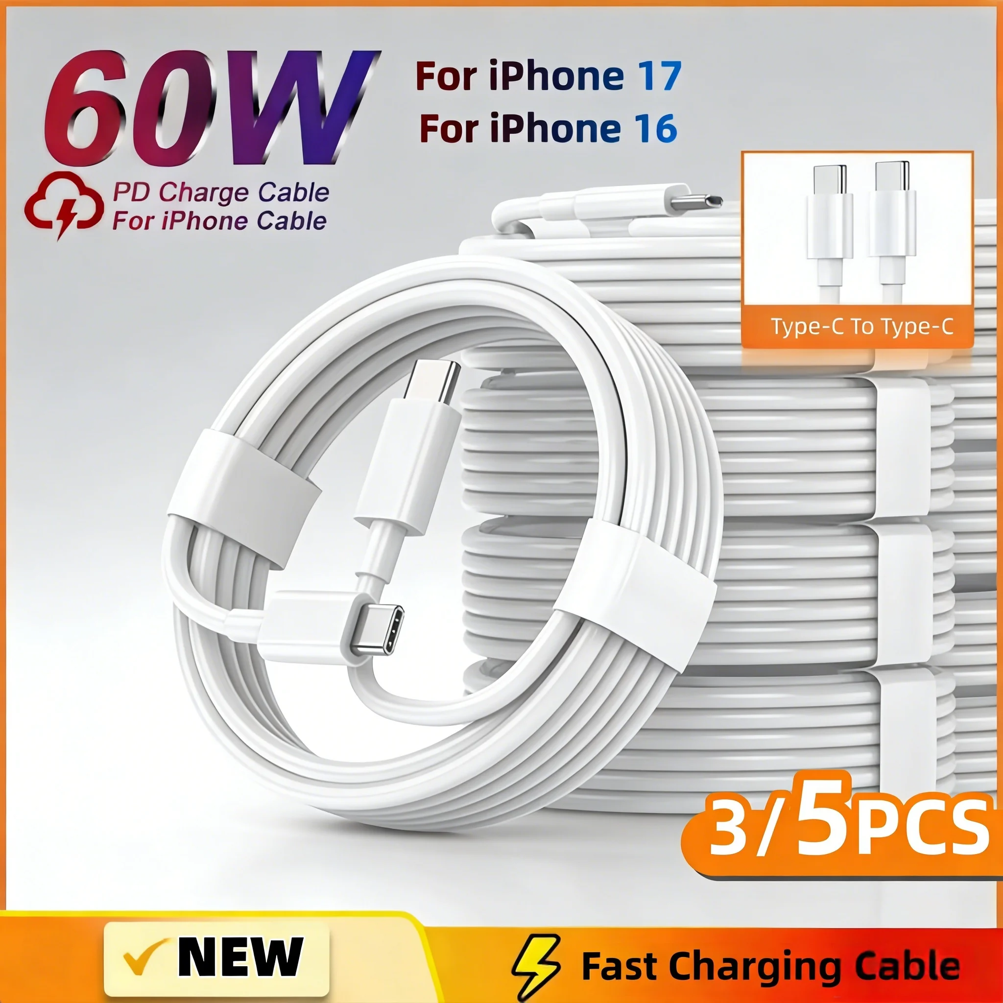 Cable USB C a USB Tipo C de 3/5 Piezas, PD 60W, Carga Rápida, Cable de Datos para iPhone 16 17 15, para Huawei, Samsung, Xiaomi, Línea de Datos Blanca de 1M