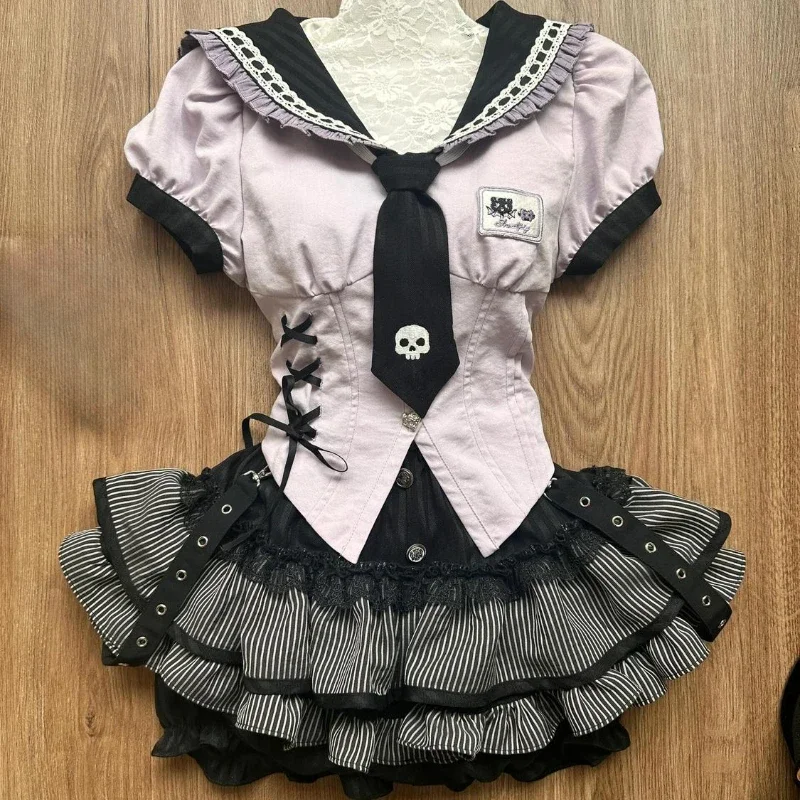 Dulce Japón Patchwork diseño de encaje camisas delgadas Y2k Color de contraste ropa de calle Punk faldas escalonadas Vintage americano conjuntos de 2 piezas