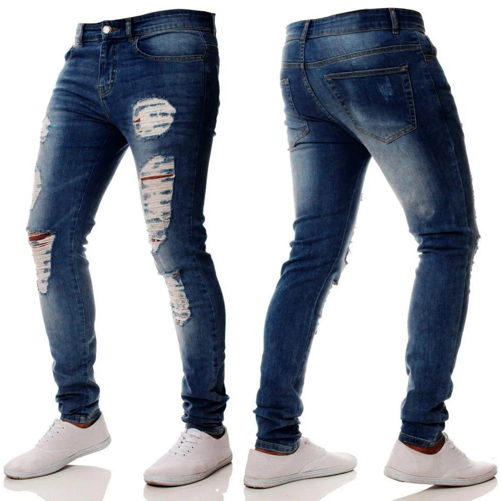 Men Slim Zipper Denim Jeans Pants Distressed Trousers Pants 4 8