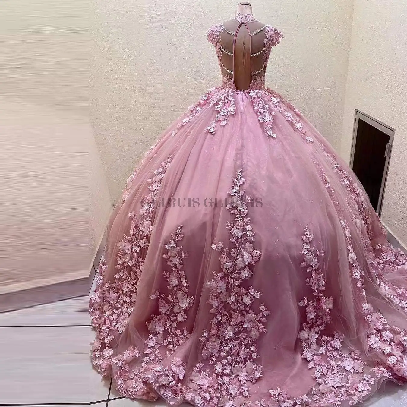 Robe de Rhformelle rose, robes de Quinceanera, appliques de perles florales 3D, chérie pour fille douce, robe éducative personnalisée