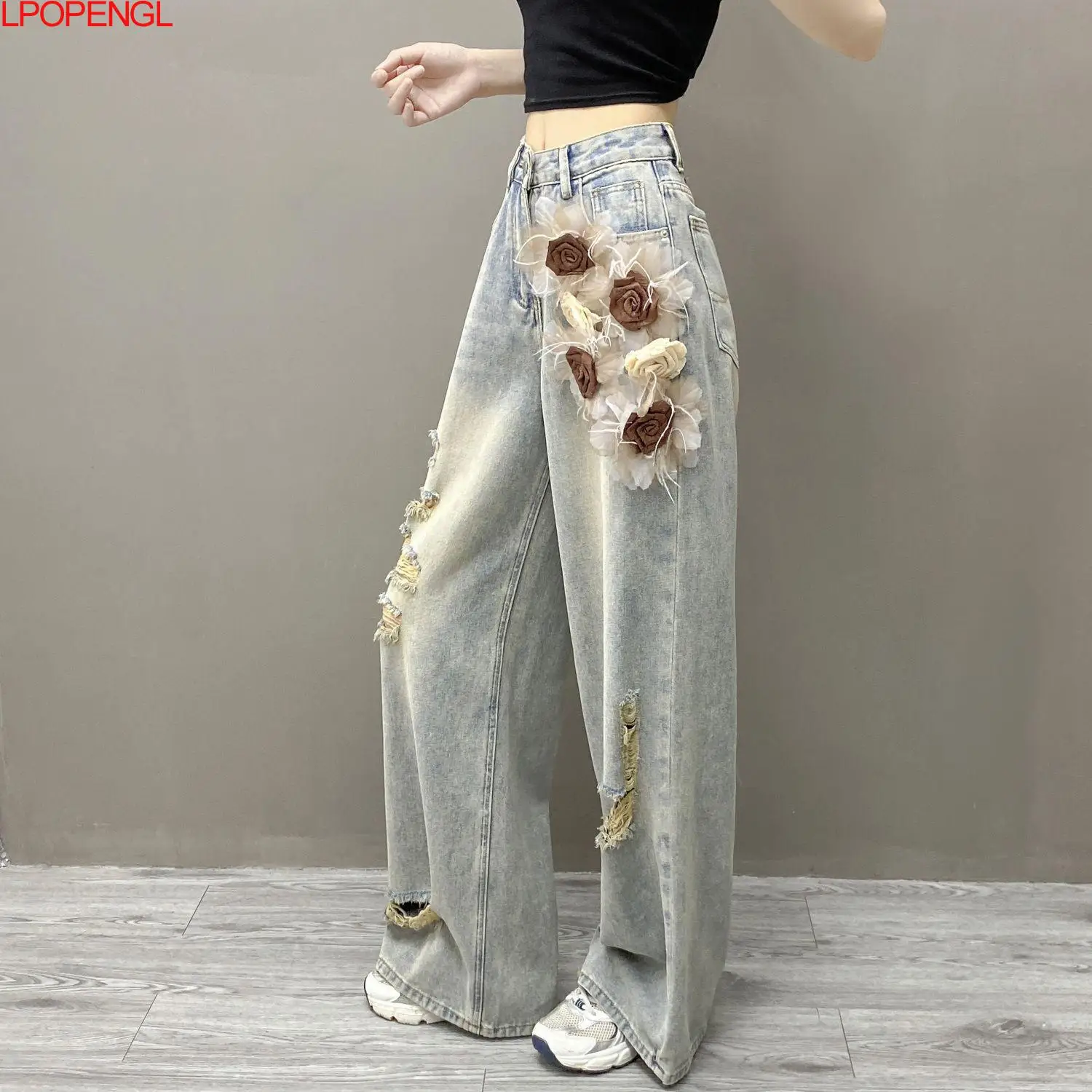 Spring And Summer Loose Straight Retro High Waisted Distress Hole Jeans 2026 Women New Three-dimensional Flower Wide Leg Pants