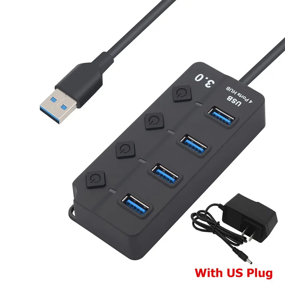Plug and Play External High Speed 4/7 Ports Splitter with Power Adapter USB 3.0 Hub On/Off Switch For Laptop PC