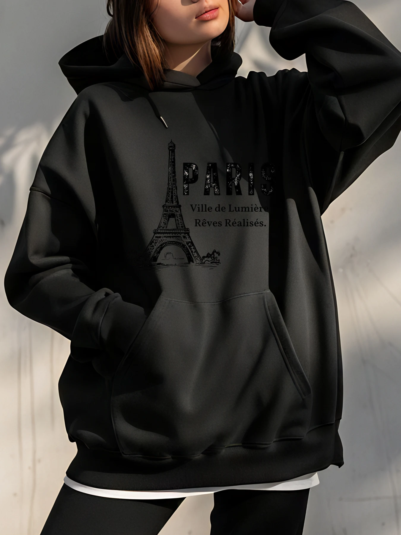 

Толстовка с принтом Парижа Эйфелевой башни и карманными деталями, городская уличная одежда, стиль для женщин, повседневный наряд, вдохновение города