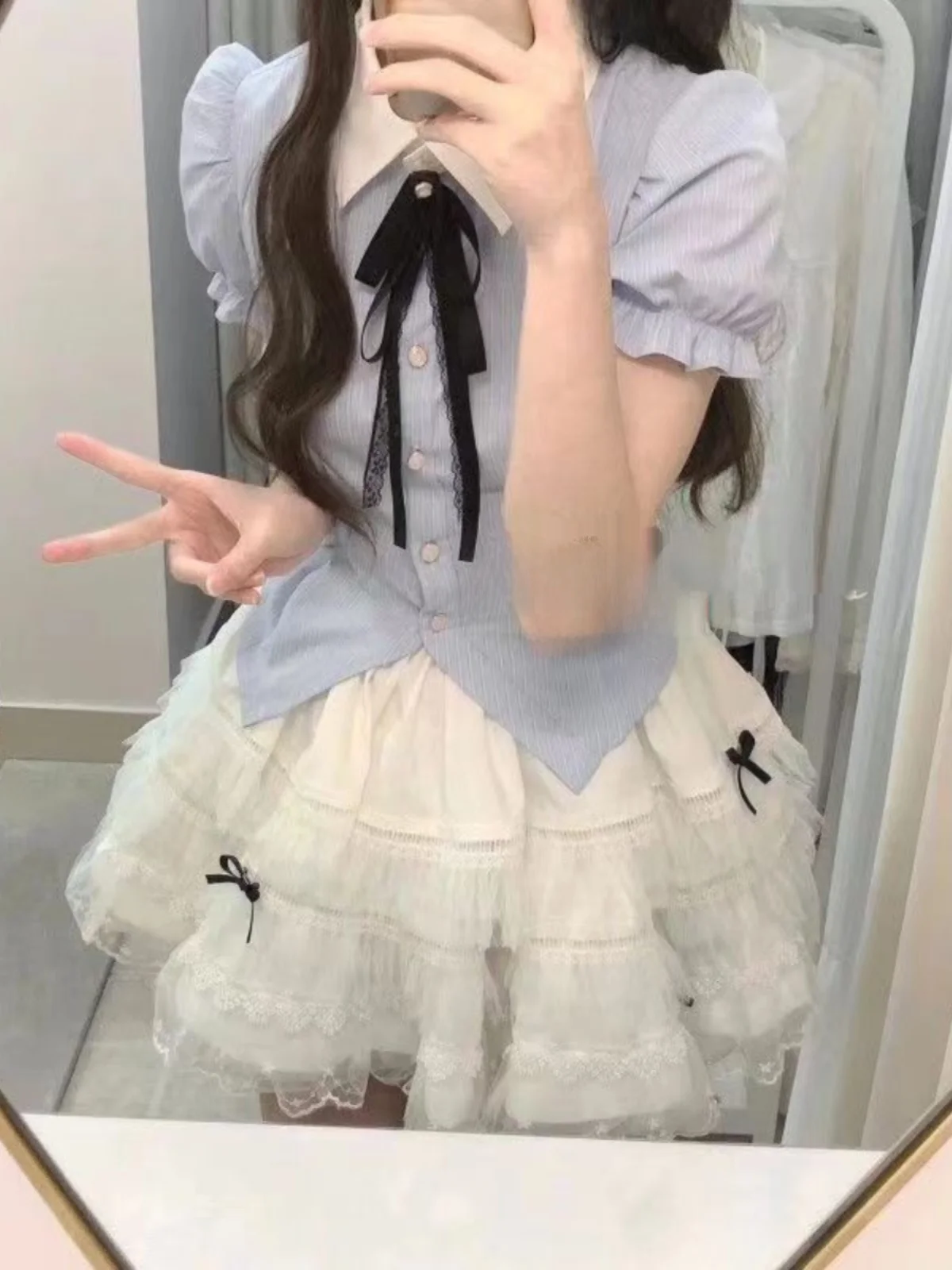 

Sweet Spicy Short Bubble Sleeve Shirt Top Women's Summer Slimming Cake Skirt Set plus Size Fashionable Two-Piece Ensemble