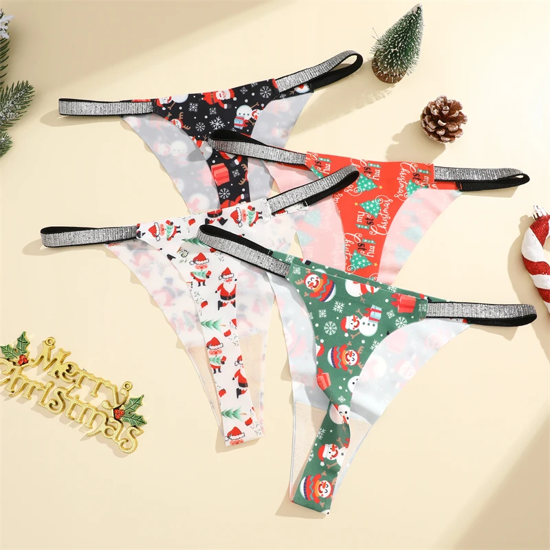 FINETOO 4Pcs Seamless Christmas Theme Thongs Women Sexy Rhinestone Waist Panties Santa Claus Printed Underwear Comfort Lingerie