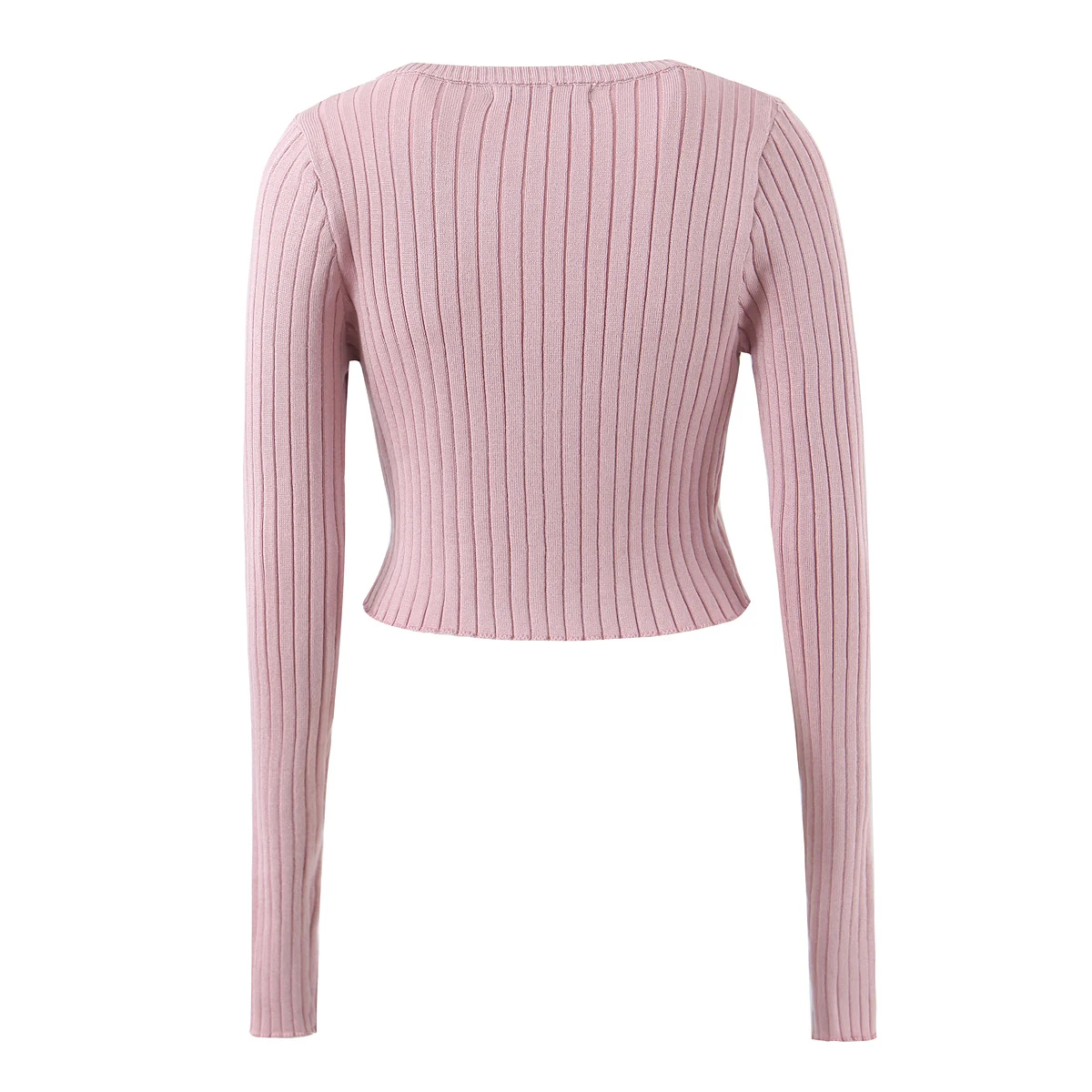 جديد الخريف البيج الضلع متماسكة زر من خلال Pointelle سترة الحلو للنساء س الرقبة طويلة الأكمام المحاصيل سترة تريكو الوردي