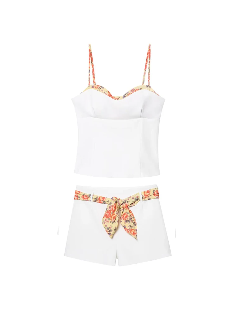 

European and American style summer new women's clothing printed stitching elastic suspender top silk scarf belt casual shorts