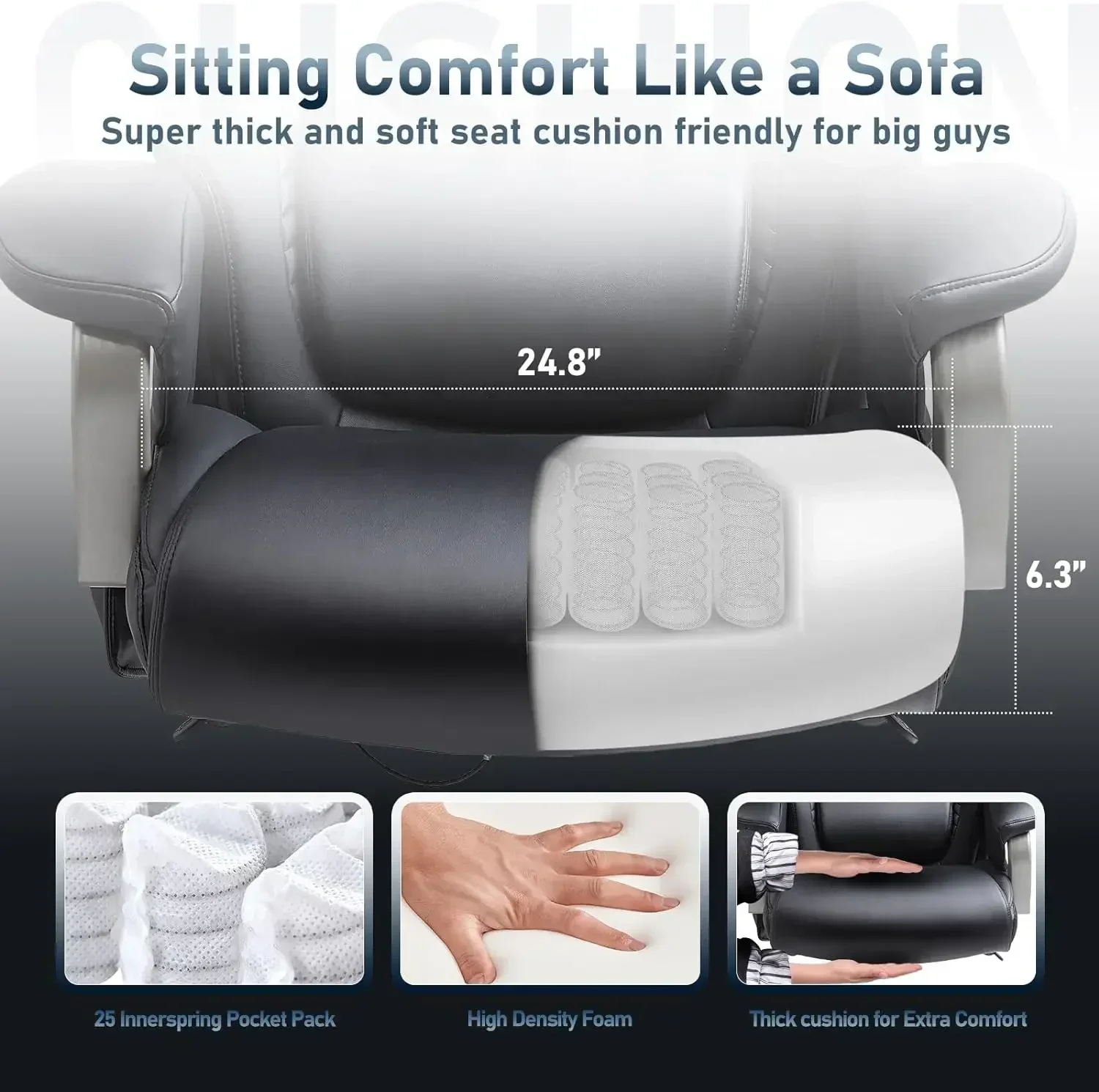 Heavy Duty Ergonomic Computer Chair with Extra Wide Seat, High Back Executive Large Desk, 500lbs