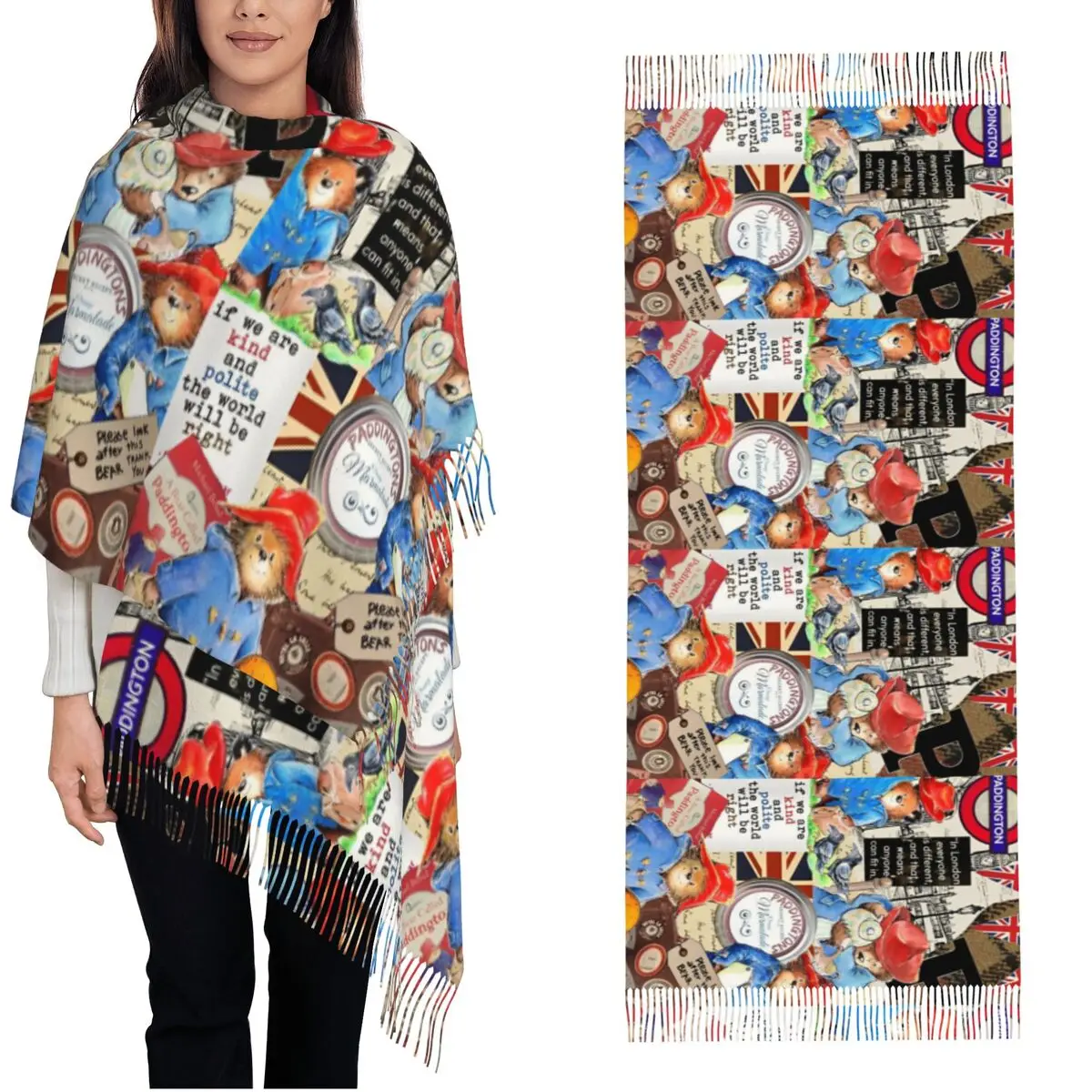 Britain Paddington Brown Bear Scarf Women Winter Fall Pashmina Shawls and Wrap Cute Cartoon Long Large Scarves with Tassel